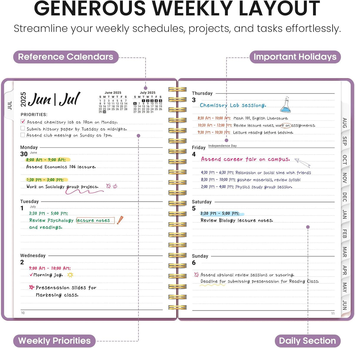 Planner 2025-2026, Academic Year Weekly and Monthly Calender Planner, July 2025 - June 2026, Spiral Bound School Planning Tool, Perfect for Teacher, Student, Women & Men - A5 (6.3" x 8.5"), Purple