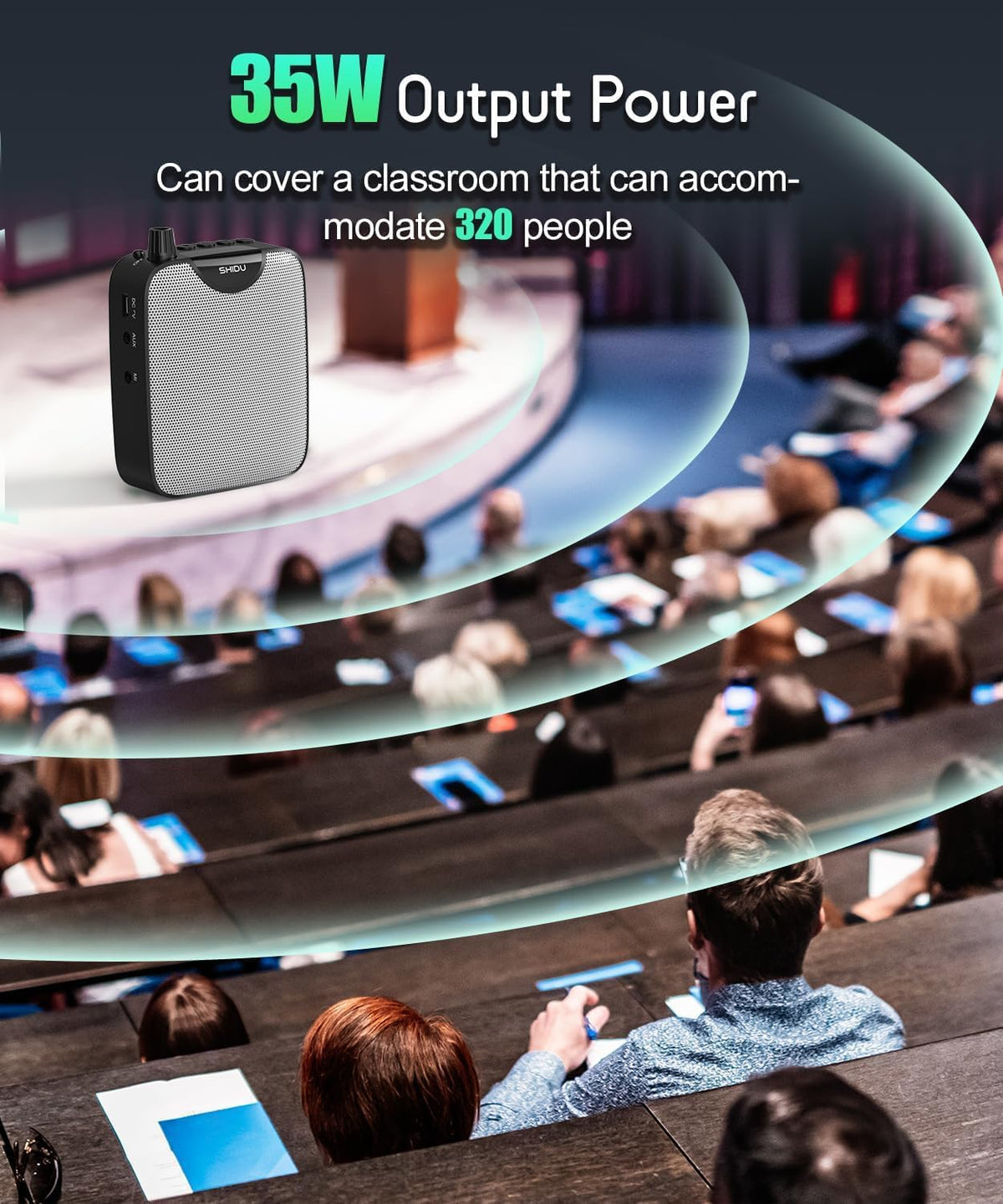 SHIDU 35W Power Voice Amplifier with Bluetooth Wireless Lavalier Microphone, Portable Teacher Mic with Speaker Personal Clip On Microphone System for Teacher Meeting Training-M500 (Black)