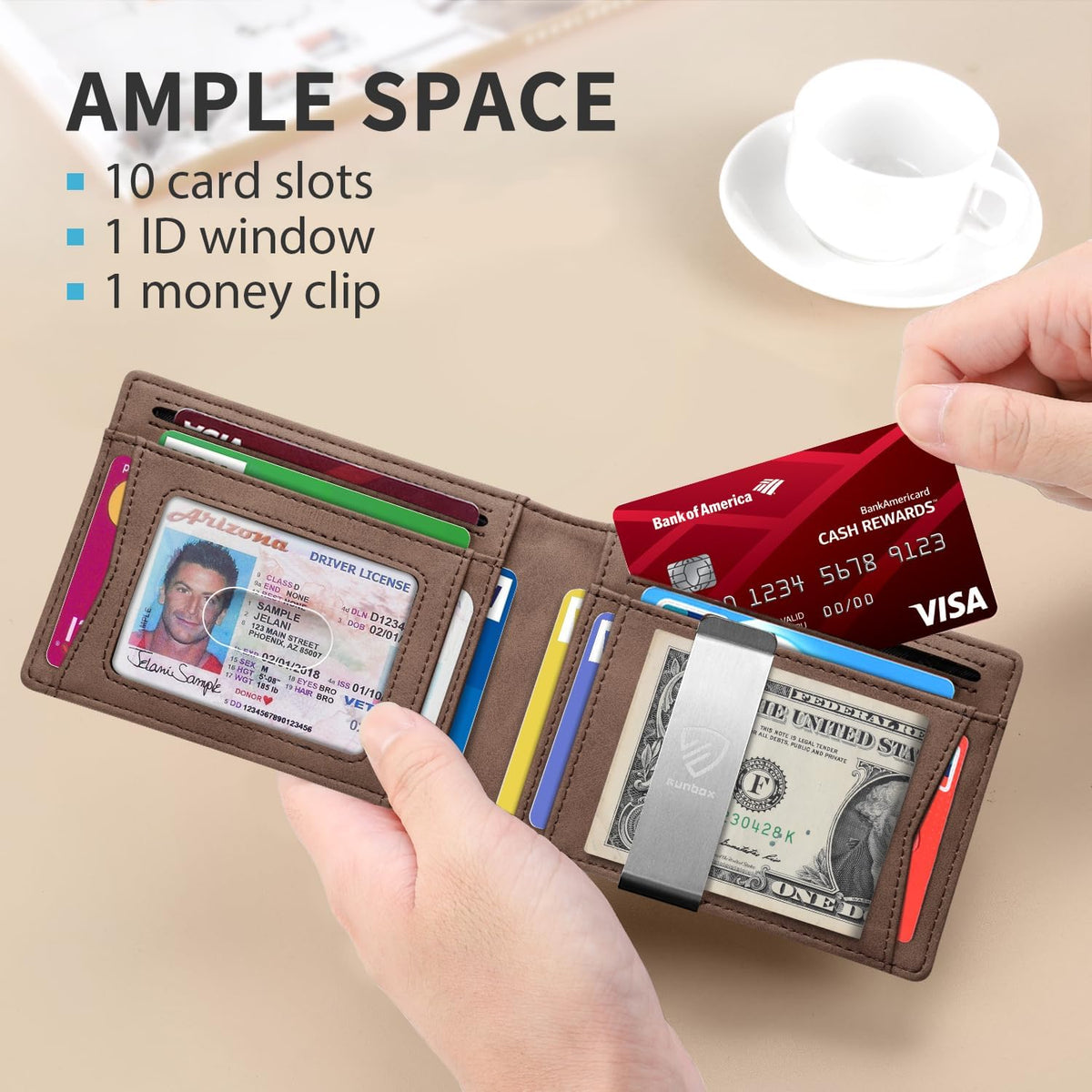 RUNBOX Mens Slim Wallet with Money Clip RFID Blocking Bifold Credit Card Holder for Men with Gift Box