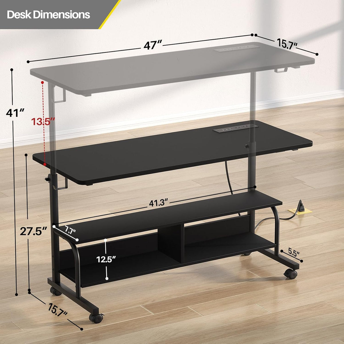 Armocity Height Adjustable Standing Desk with Power Outlets, 47" Manual Stand Up Desk with Storage Shelves Small Mobile Rolling Computer Desk Portable Laptop Table with Wheels for Home Office, Black