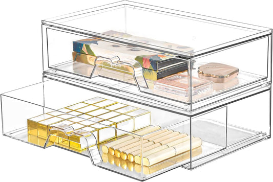 2 Pack Stackable Makeup Organizer, 12.1''L Acrylic Bathroom Organizer and Storage Undersink Drawer, Cosmetics and Beauty Supplies,Clear Plastic Storage Bins for Desk,Cabinet,Kitchen,Vanity,Pantry