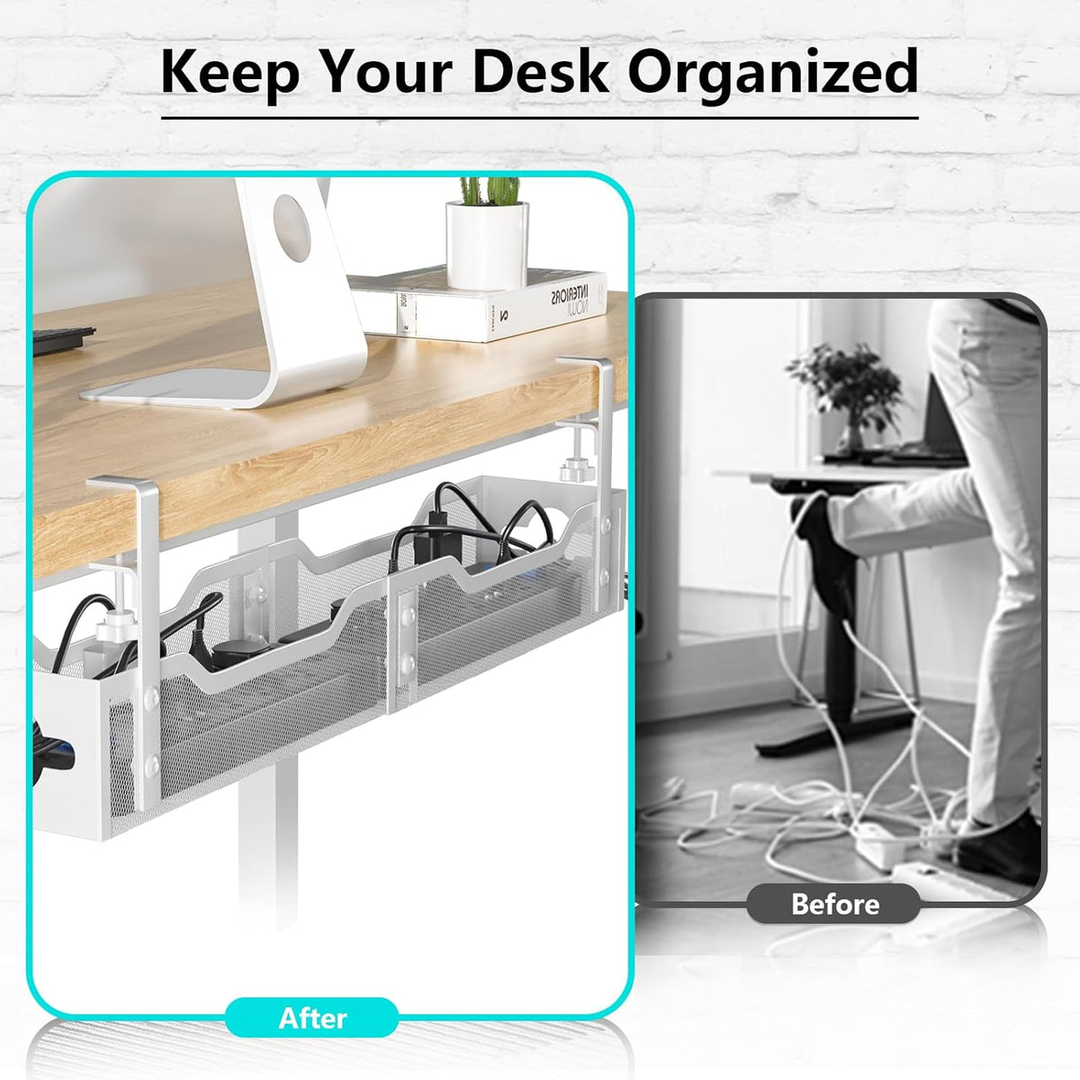 Under Desk Cable Management Tray 24.8", Quszmd Cable Organizer No Drill, Standing Cord Organizer and Wire Management Tray - No Damage to Desk, White