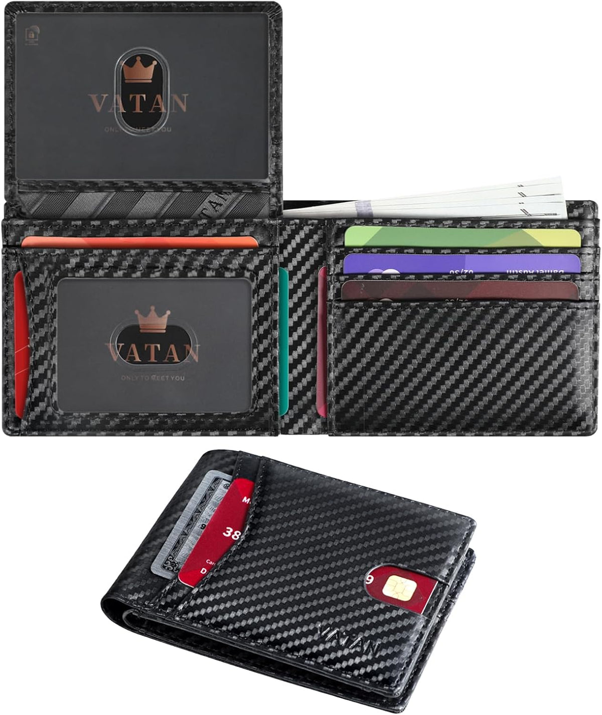 VATAN Wallet for Men, Mens Minimalist Wallet Credit Card Holder, Slim Leather Rfid 2 ID Window Large Capacity With Gift Box (Carbon Fiber Black)