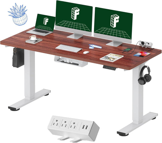 FLEXISPOT EN2 Whole-Piece Standing Desk with Clamp Power Strip, 60 x 24 Electric Stand Up Height Adjustable Desk with Cable Management (White Frame + 60" Mahogany Desktop, 2 Packages)
