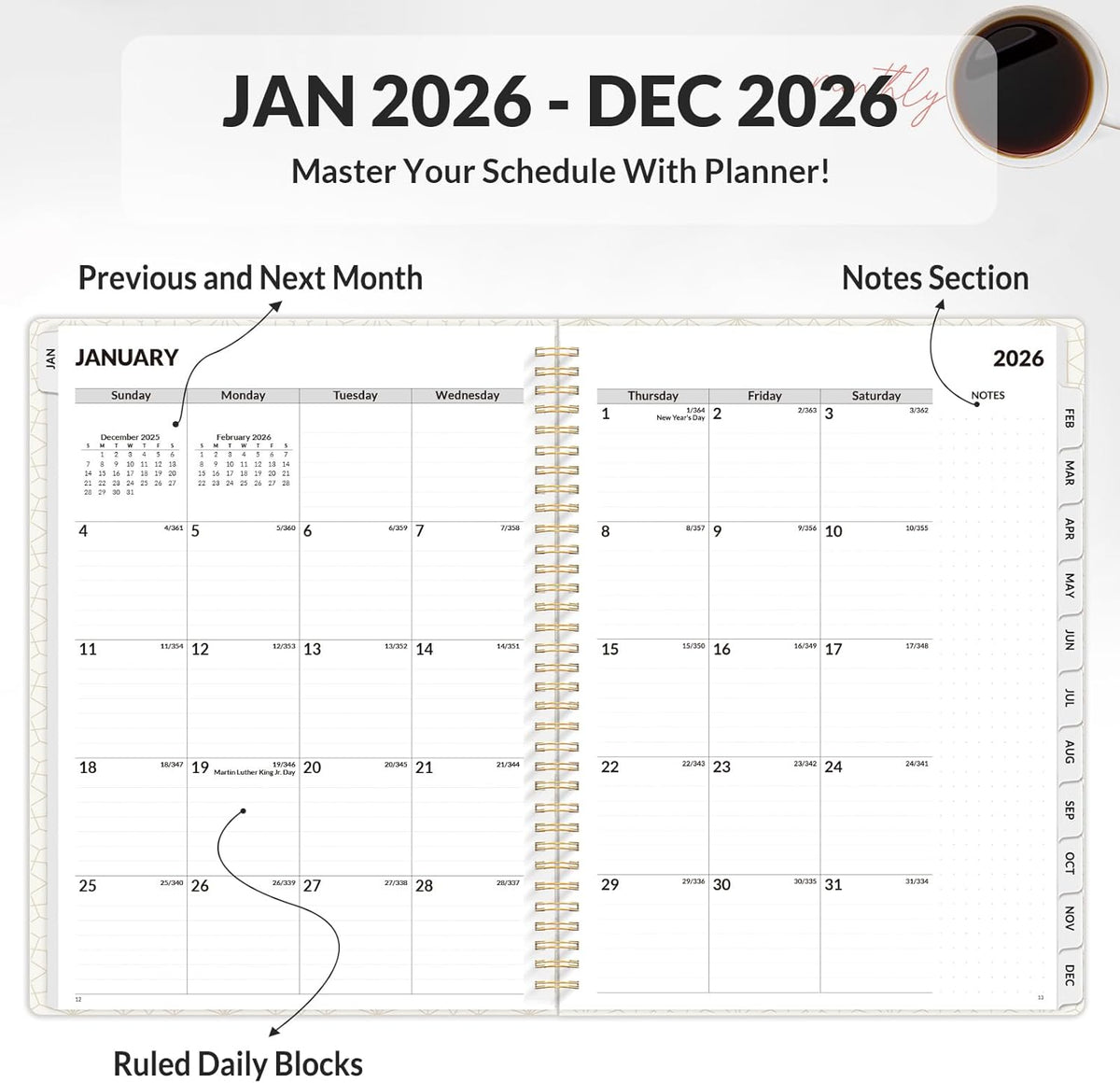 SUNEE Planner 2026 Weekly and Monthly, January 2026-December 2026, 8.5"x11", Tabs, Note Pages,Spiral Binding, Pink