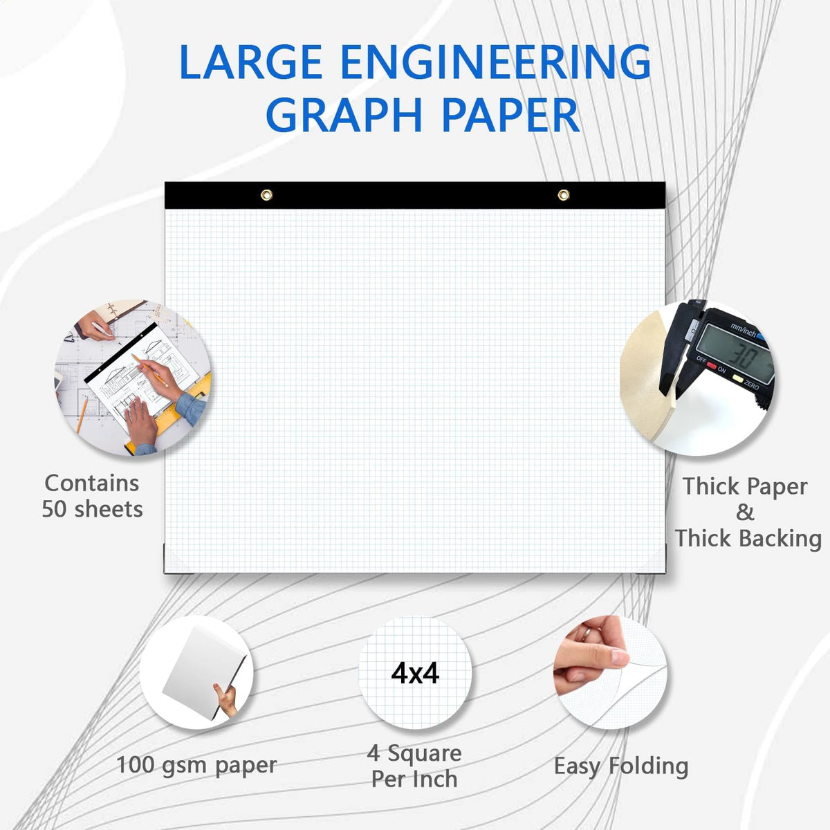 (2 Pack) Large Engineering Graph Paper Pad, 100 Sheets/200 Pages, 22" x 17" Quadrille Grid Paper for Drafting, Engineering, Blueprint Drawing, Architect Designer, 4"x4" Blue Grid, Giant Drafting Pad