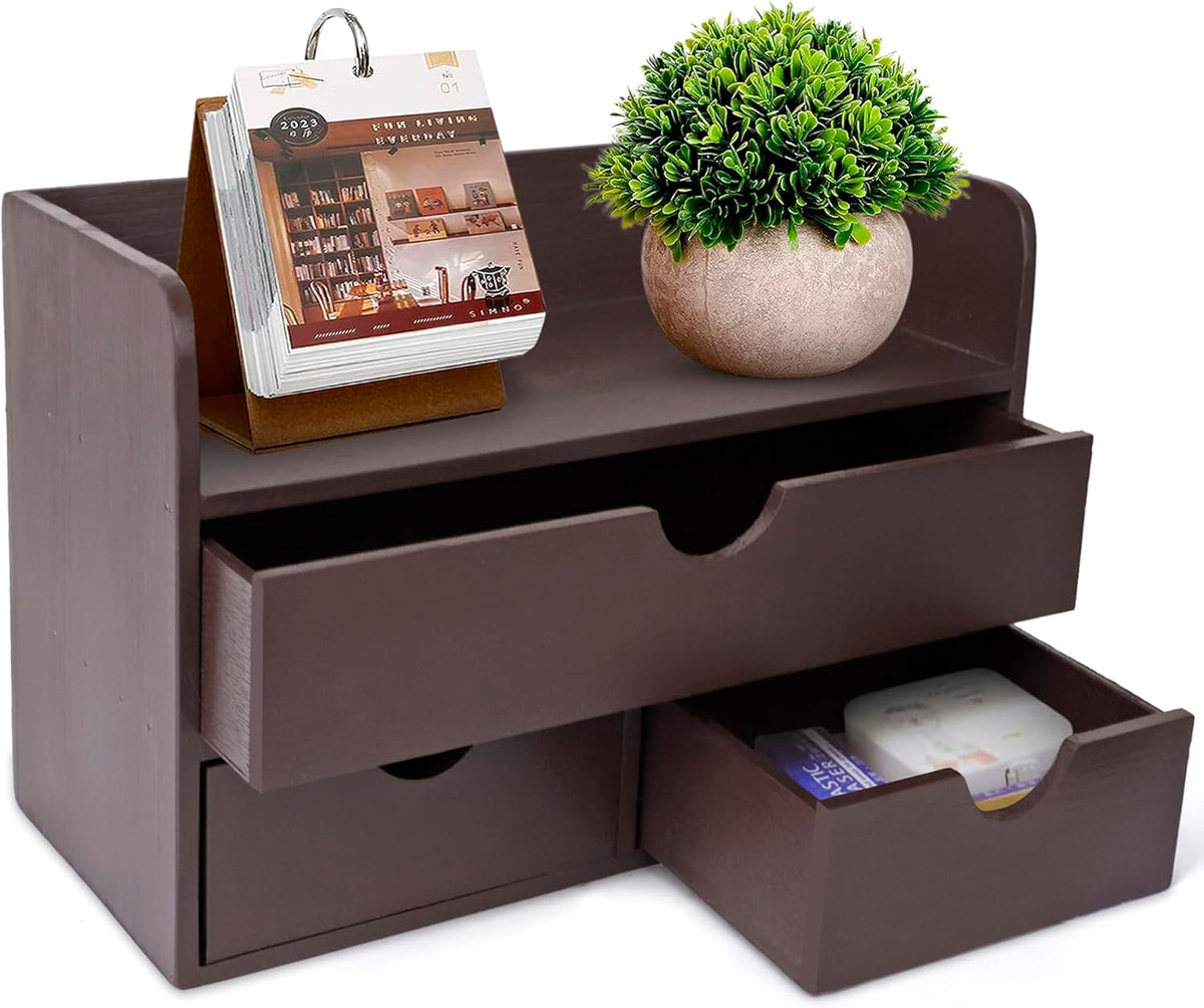 Besti Wooden Office Desk Organizer - Organizing Tool for Desktop, Cubicle, Bedroom, Kitchen - Vintage Style Organization Caddy with Top Tray Shelf & 3 Drawers - 13.6x9x7 Inches (Dark Brown)