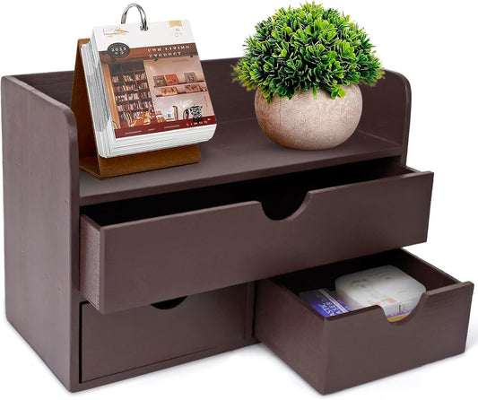 Besti Wooden Office Desk Organizer - Organizing Tool for Desktop, Cubicle, Bedroom, Kitchen - Vintage Style Organization Caddy with Top Tray Shelf & 3 Drawers - 13.6x9x7 Inches (Dark Brown)