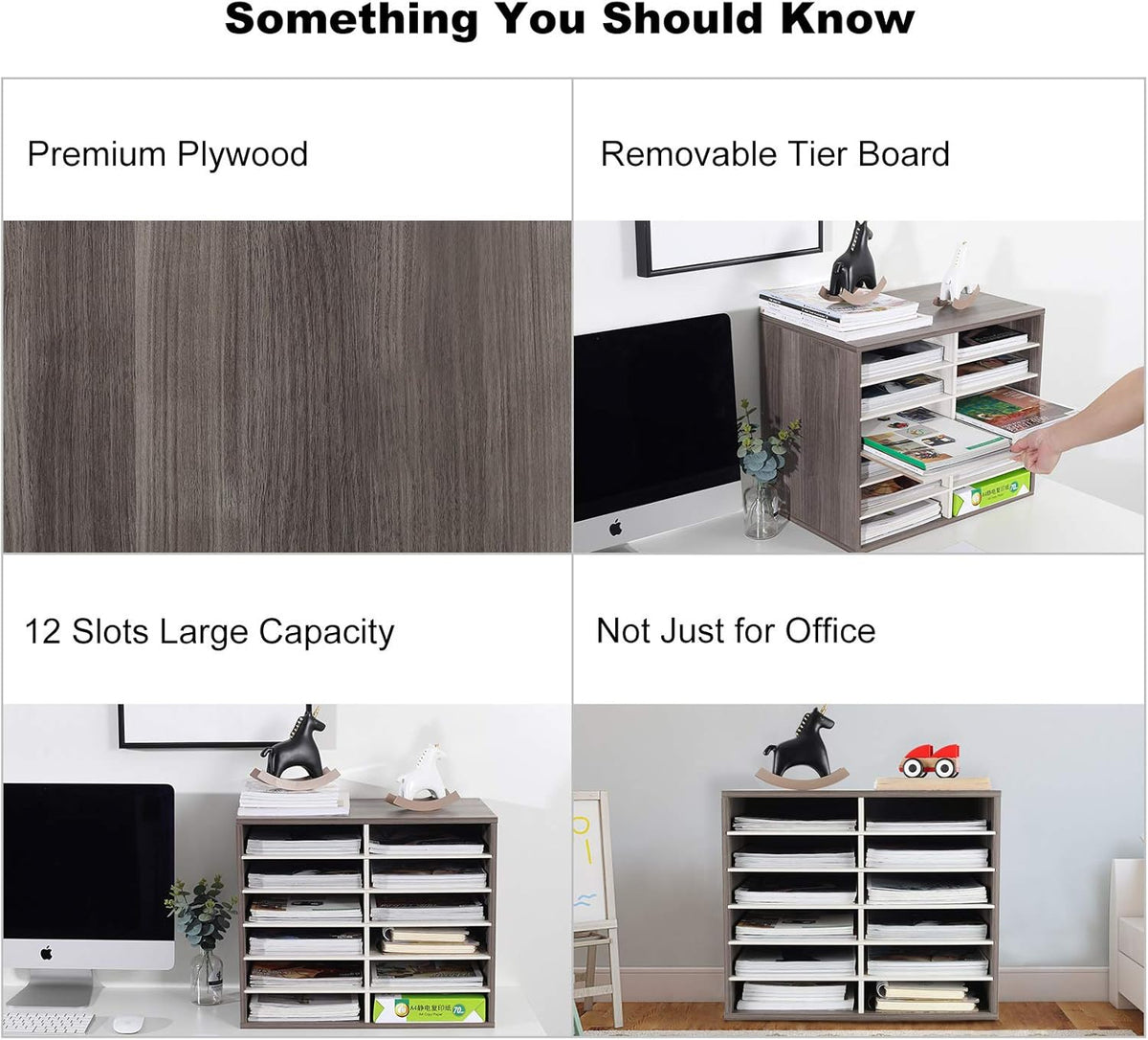 TQVAI Wood Adjustable Literature Organizer Desktop File Sorter Mail Center Paper Storage Cabinet Home & Office Mailbox School Classroom Keepers, 12 Slots Compartments, Retro Grey/White
