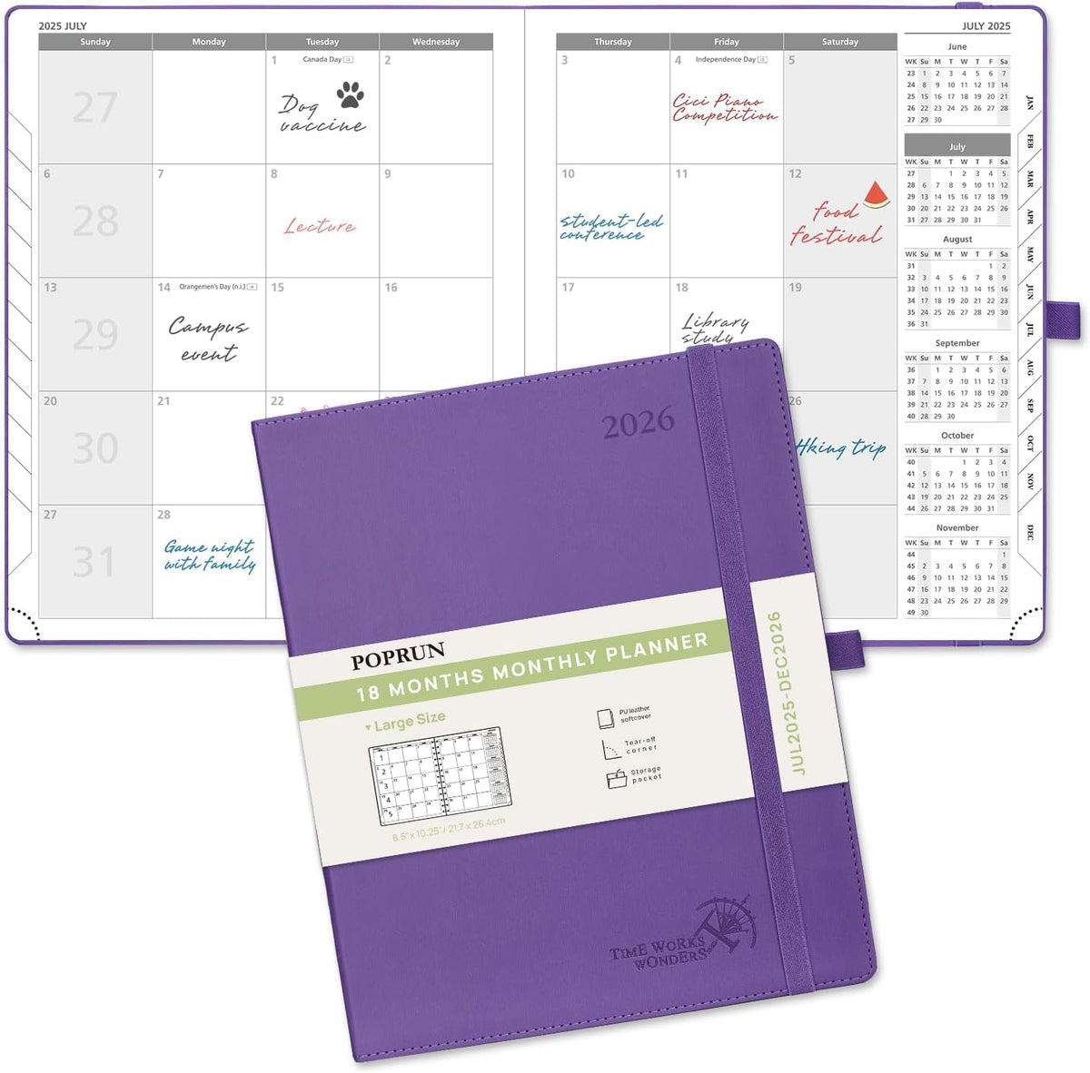 POPRUN Monthly Planner 2025-2026 (Large- 8.5" x 10.5" Soft Cover), 18-Month Calendar Book (Jul.2025-Dec.2026), Calendar Planner with Monthly Tabs & Pocket, 100 GSM Paper - Purple