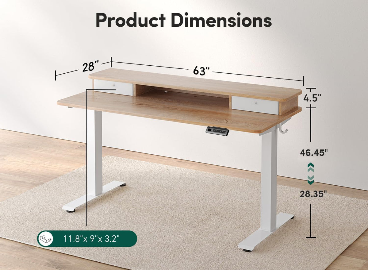 FEZIBO 63 x 28 Inch Deeper Height Adjustable Electric Standing Desk with Double Drawers, Sit Stand Up, Home Office Computer Desk with 4 Height-Adjustable Feets & 2 Hooks, White Frame/Maple Top