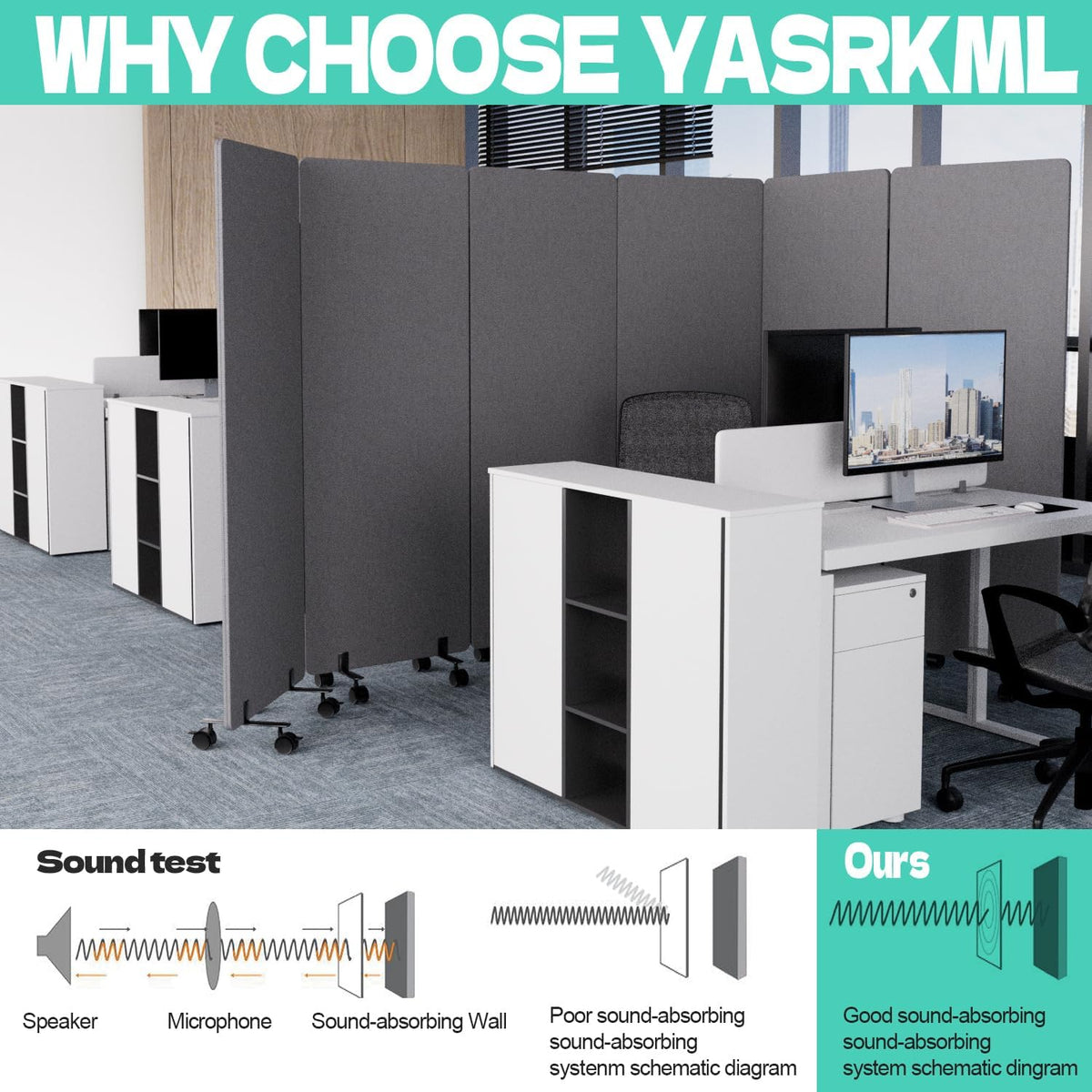 Soundproof Room Divider W/Wheels, 66in Office Dividers for Sound Proofing & Reducing, Sound Proof Dividers for Office Partitions Portable Temporary Wall Acoustic Wall Divider (Cool Grey, 4 Panel)