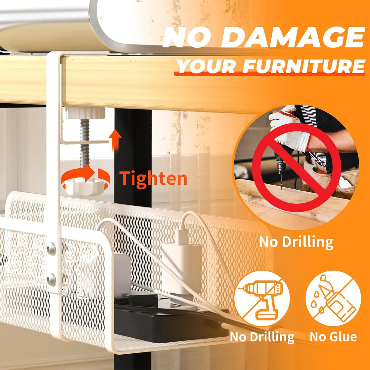 Under Desk Cable Tray - Wire Management Organizer Box, Cord Raceways for Office, Home - No Damage, No Drill