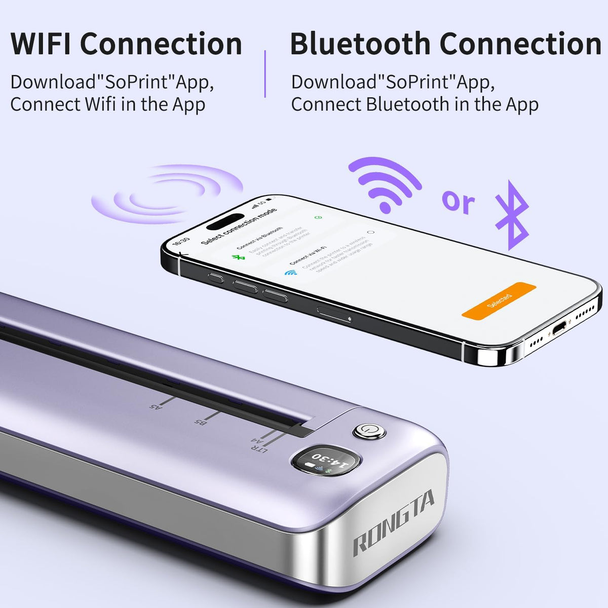 Rongta Portable Printers Wireless for Travel, WiFi & Bluetooth Mobile Printer, Thermal Inkless Printer for School/Office/Home Use, Compatible with Android,iOS & Laptop (Purple)