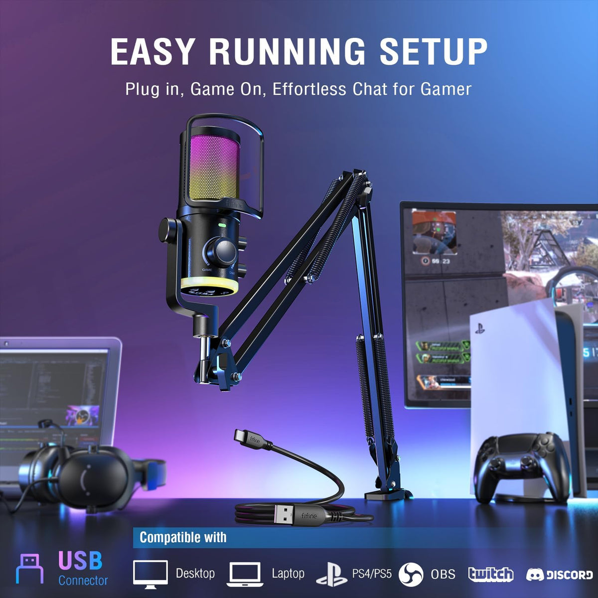 FIFINE AM6T USB Streaming Microphone for PC Gaming, Professional Condenser Mic with RGB, Noise Cancellation&Game/Chat Mixer-Plug & Play for Discord Chat/Streamer/Podcaster, with Boom Arm&Pop Filter