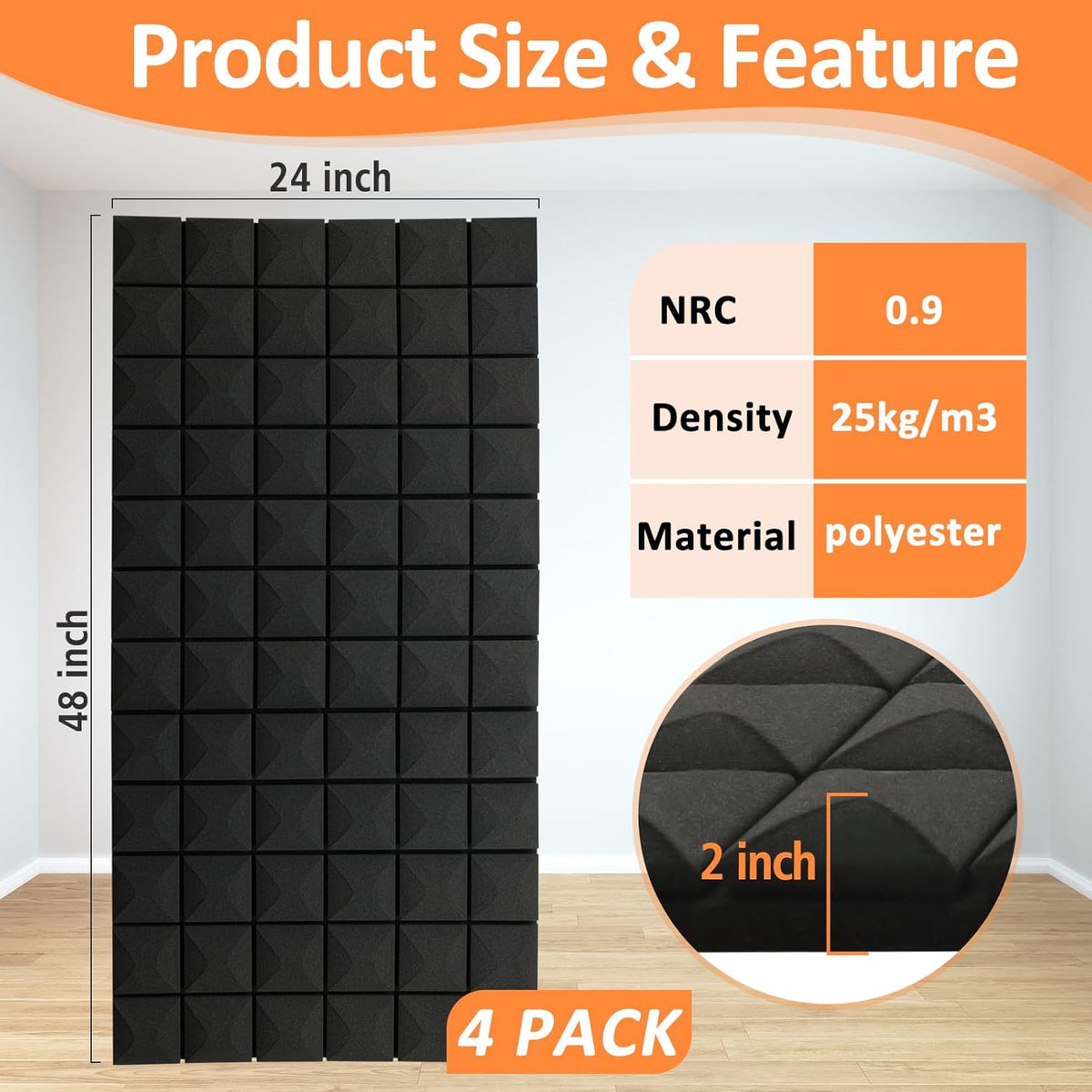 4 Pack Acoustic Panels 48"x24"x2" Sound Proof Foam Panels, High Density and Fire Resistant Sound Panels, Studio Foam for Wall and Ceiling - Home Studio, Office (4 Pack Black, 48X24X2 Inch)