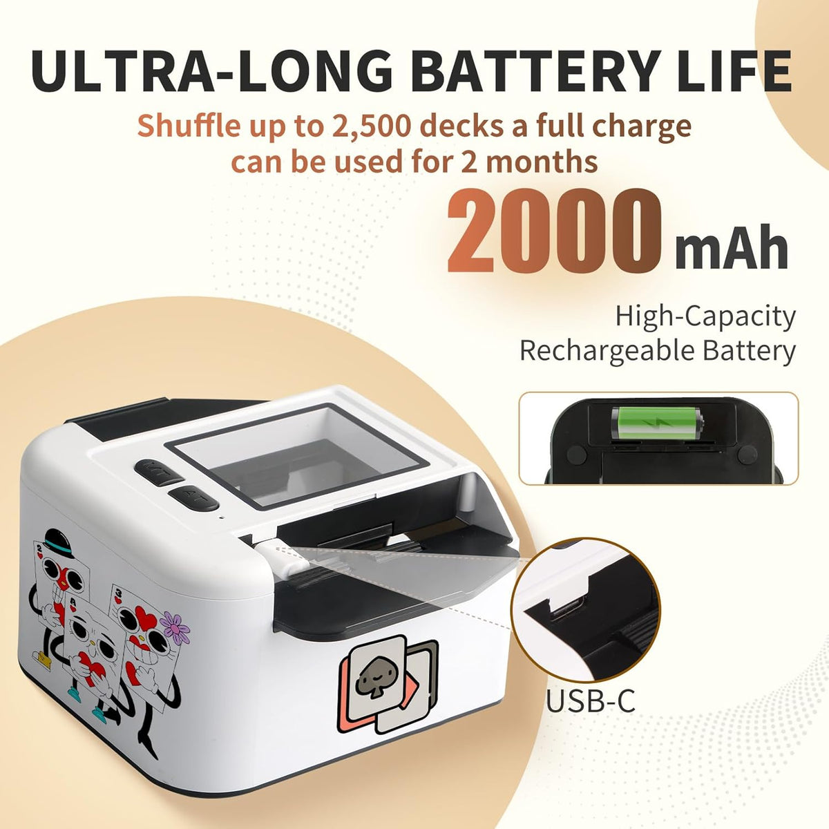 Rechargeable Automatic Card Shuffler 2 Decks, 2000 mAh Built in Battery USB-C Charge, Low Noise Fast Shuffler, Smart Auto Shuffler for UNO Poker Skip-Bo Canasta Texas Hold'em Skyjo