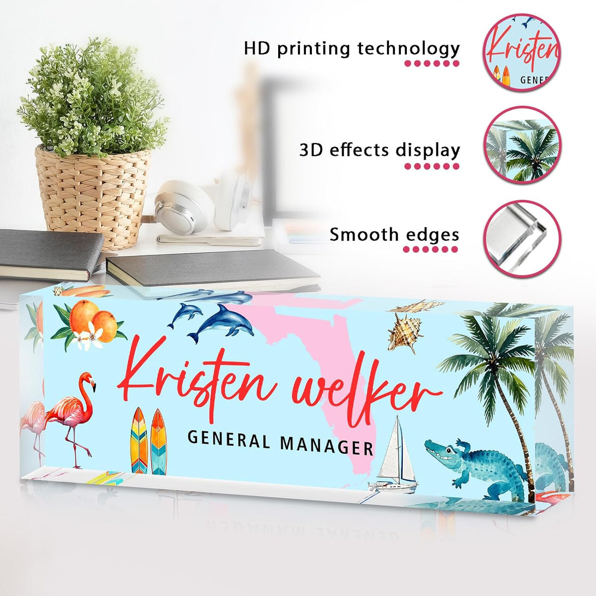 Personalized Name Plate for Desk - Custom Engraved Name Plates for Man - Boss Day Gifts for Boss - Acrylic Office Decor Appreciation Gifts for Teacher Nurse Coworker Social Worker (Summer in Florida)