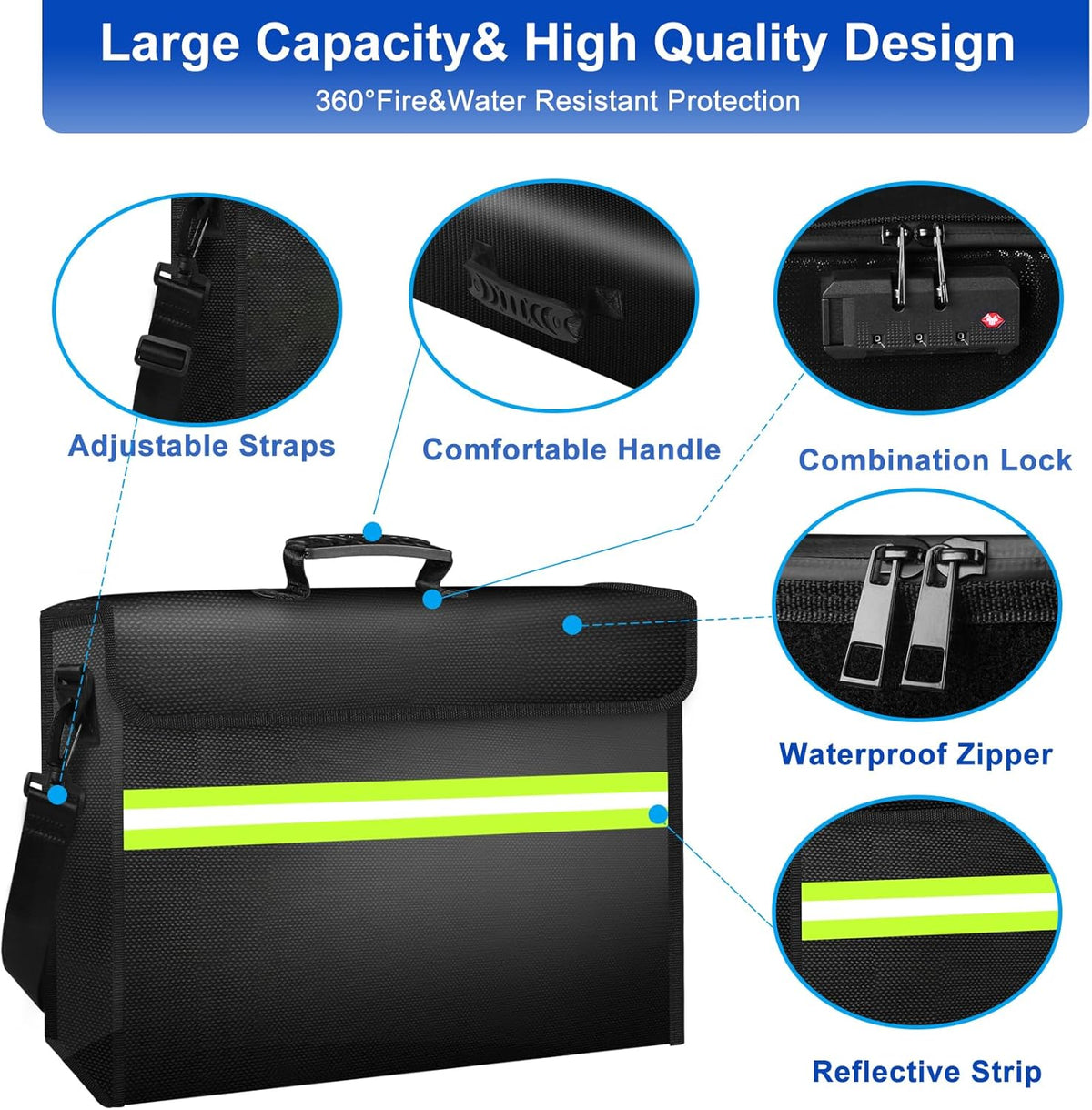 6500°F Large Fireproof Document Organizer with Lock,10 Layers Heat Insulated＆Waterproof Zipper,Removable Folder Layers/Wallet,Portable Home Travel Safe Storage for Files(16.5x12.4x5.5 inches)