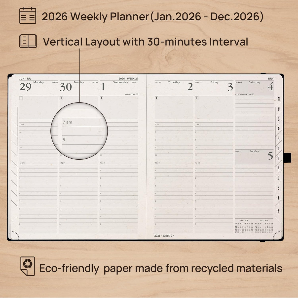 POPRUN 2026 Planner - 2026 Recycled Weekly Planner[8.5''x 10.5''- Italian Regenrated Leather Hard Cover] with Hourly Schedule & Vertical Weekly Layout, Monthly Tabs, Inner Pocket - Desert Brown