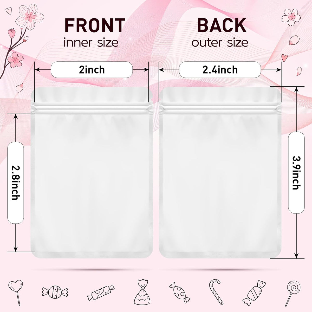 Funfery 100 Pack White Mylar Packaging Bags Resealable Bags Double Sided Color Odor Proof Pouch Baggies Smell Proof Foil Bag for Food Storage,Small Business(White,2.4x3.9inch)