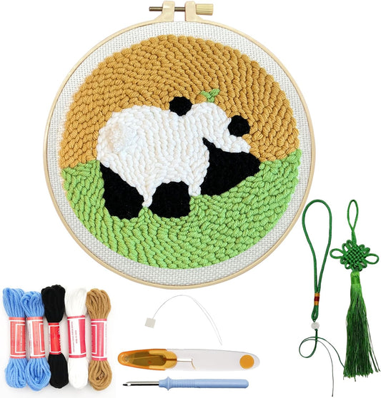 Danvk Panda Punch Embroidery Kit with Embroidery Fabric, Hoop,Scissor,Punch Needle and Yarns, Hand Craft Gift,DIY Embroidery Kits, Hand Punch Needle Kit for Women and Kids Beginners(Panda-Crawling)