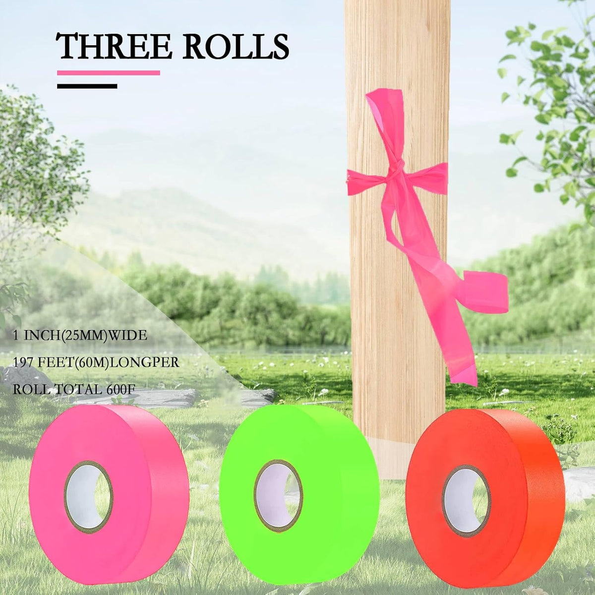 3 Pack Flagging Tape 3 Assorted Colors, Non-Adhesive Plastic Ribbon Neon Marking Roll, 1"*600ft, Marking Tape for Tree Marking, Hunting, Boundaries and Hazardous Areas,Trail Marking