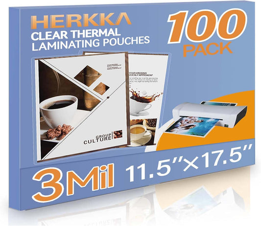HERKKA 100 Pack Laminating Sheets, Hold 11 x 17 Inch Sheet, 3 Mil Clear Thermal Laminating Pouches 11.5 x 17.5 Inch Lamination Sheet Paper for Laminator, Round Corner