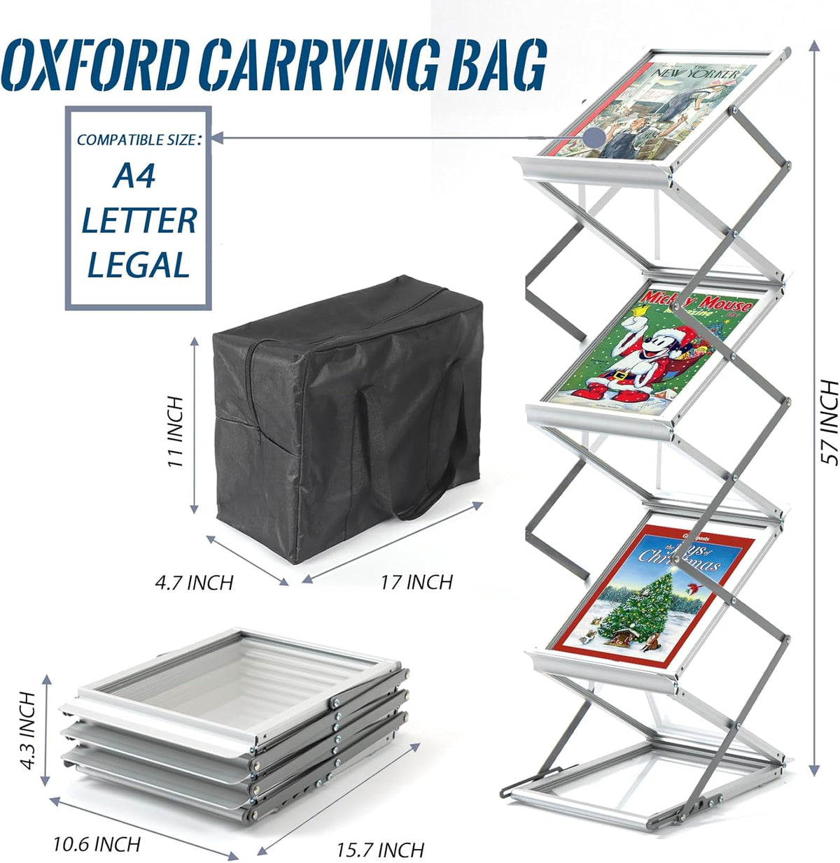 6 Pockets Aluminum Floor Standing Magazine Rack with Carrying Bag, Portable Pop-up Brochure Display Stand, Foldable Catalog Literature Display Stand, A4 Size, for Exhibition, Trade Shows, Office