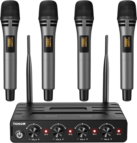 TONOR Wireless Microphones System with 4x10 Channels Cordless Handheld Microfono Inalambrico, 200FT UHF Range, Mics with Stable Signal Transmission for Karaoke Singing Party Church Wedding PA Speaker