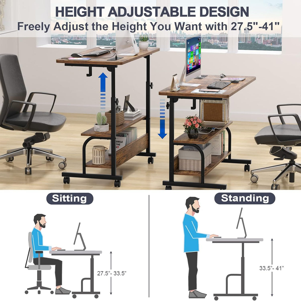 Height Adjustable Standing Desk with Power Outlets, 32" Manual Stand Up Desk with Storage Shelves Small Mobile Rolling Computer Desk Portable Laptop Table with Wheels for Home Office, Rustic
