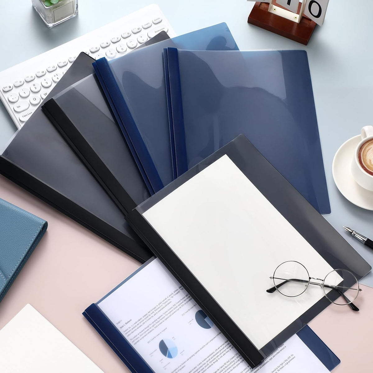 48 Pack Plastic Report Covers with 3 Prongs Presentation Folders Bulk, 100 Sheet Capacity, Clear Front Report Covers for Presentation Document Paper School Office Supplies (Blue,Black)