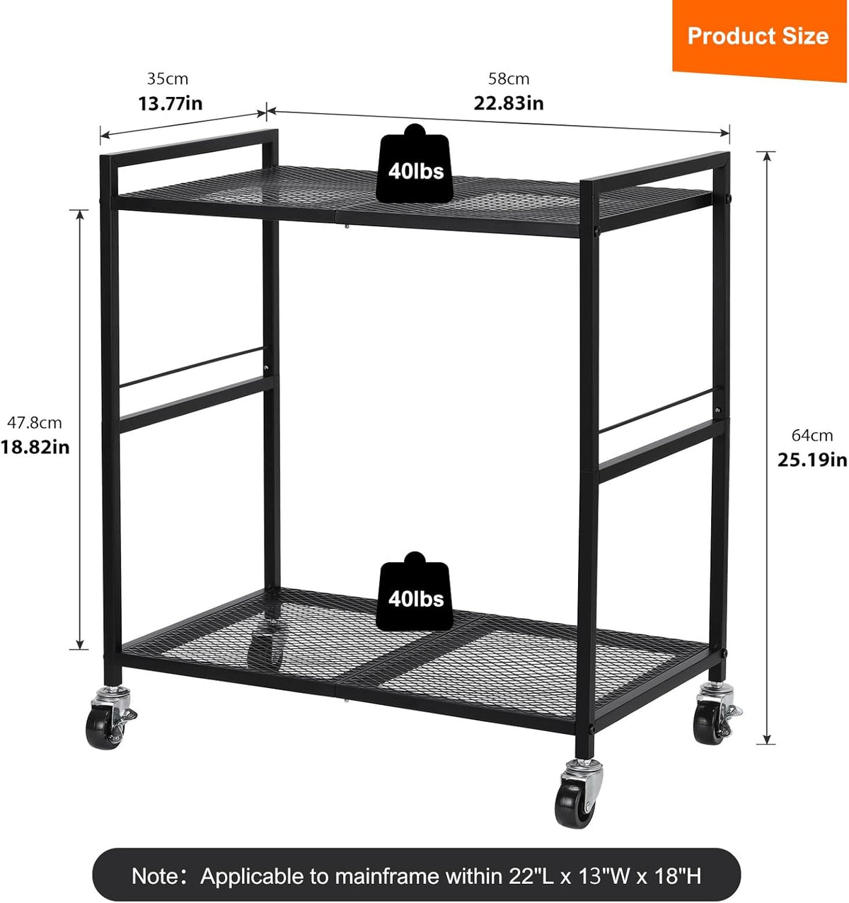 YBING Computer Tower Stand, PC Tower Stand Metal Mobile CPU Holder Stand Cart with Caster Wheels 2 Tier Rolling Printer Cart Under Desk for Fax Home Office Black