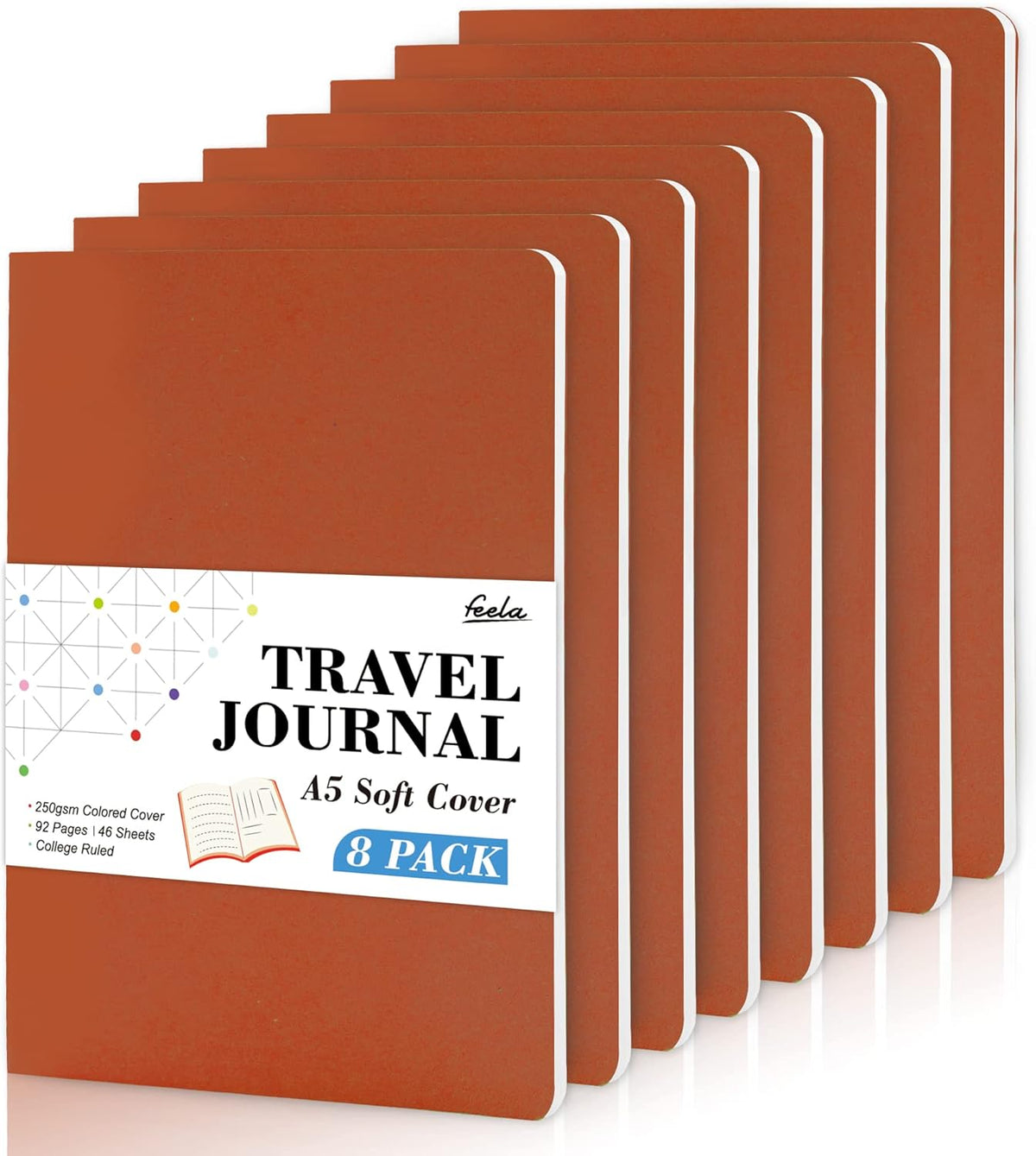 feela 8 Pack Soft Cover Journal Bulk, Notebooks College Ruled for Work, Lined Travel Journal for Women Men, Note Taking Notebook School Supplies Business Writing, 8.2” x 5.5”, A5, Dark Orange