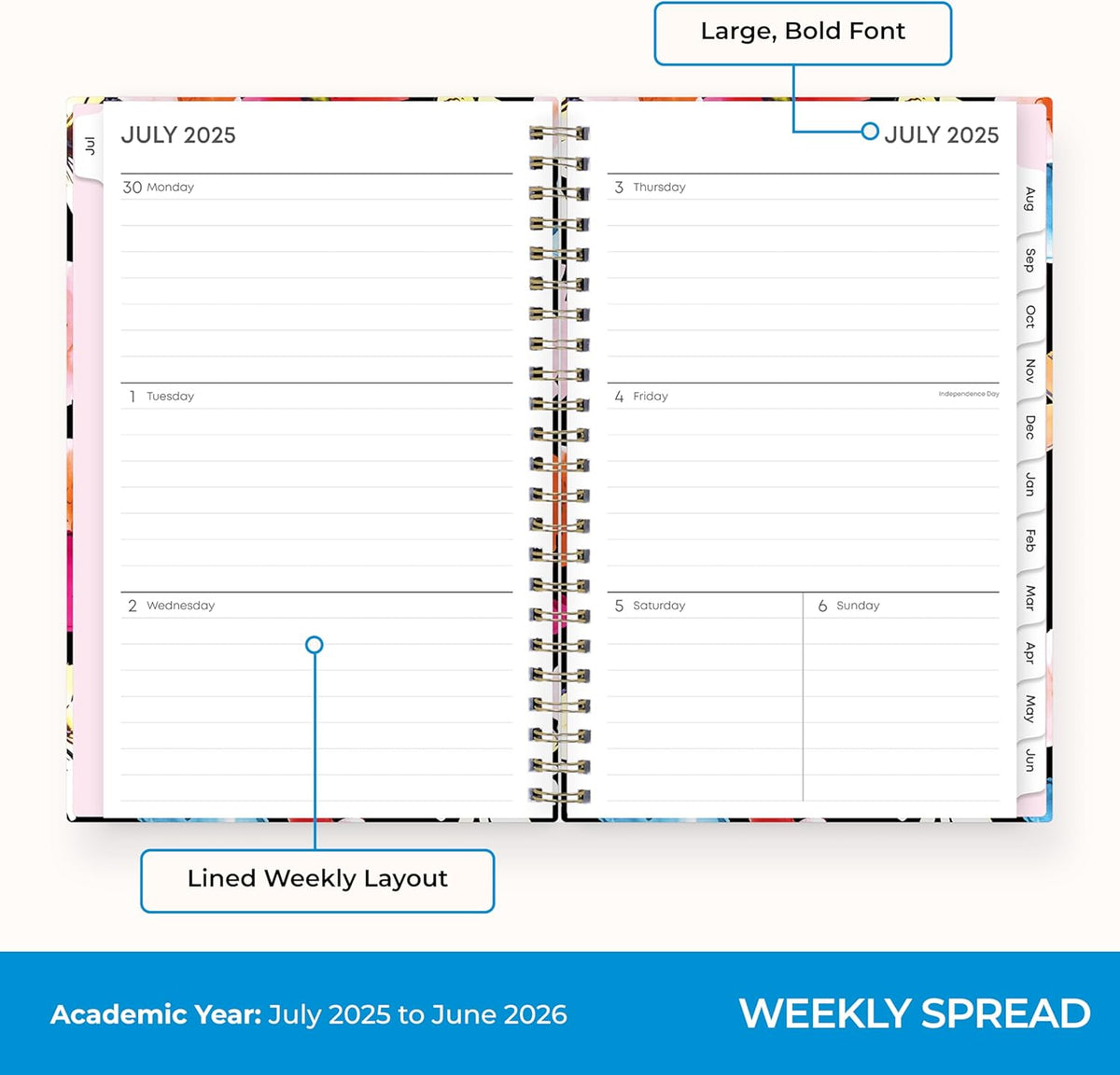 Blue Sky 2025-2026 Weekly and Monthly Academic Year Planner Calendar, July 2025 - June 2026, 5" x 8", Hard Cover, Wirebound, Storage Pocket, Laminated Tabs, Stickers