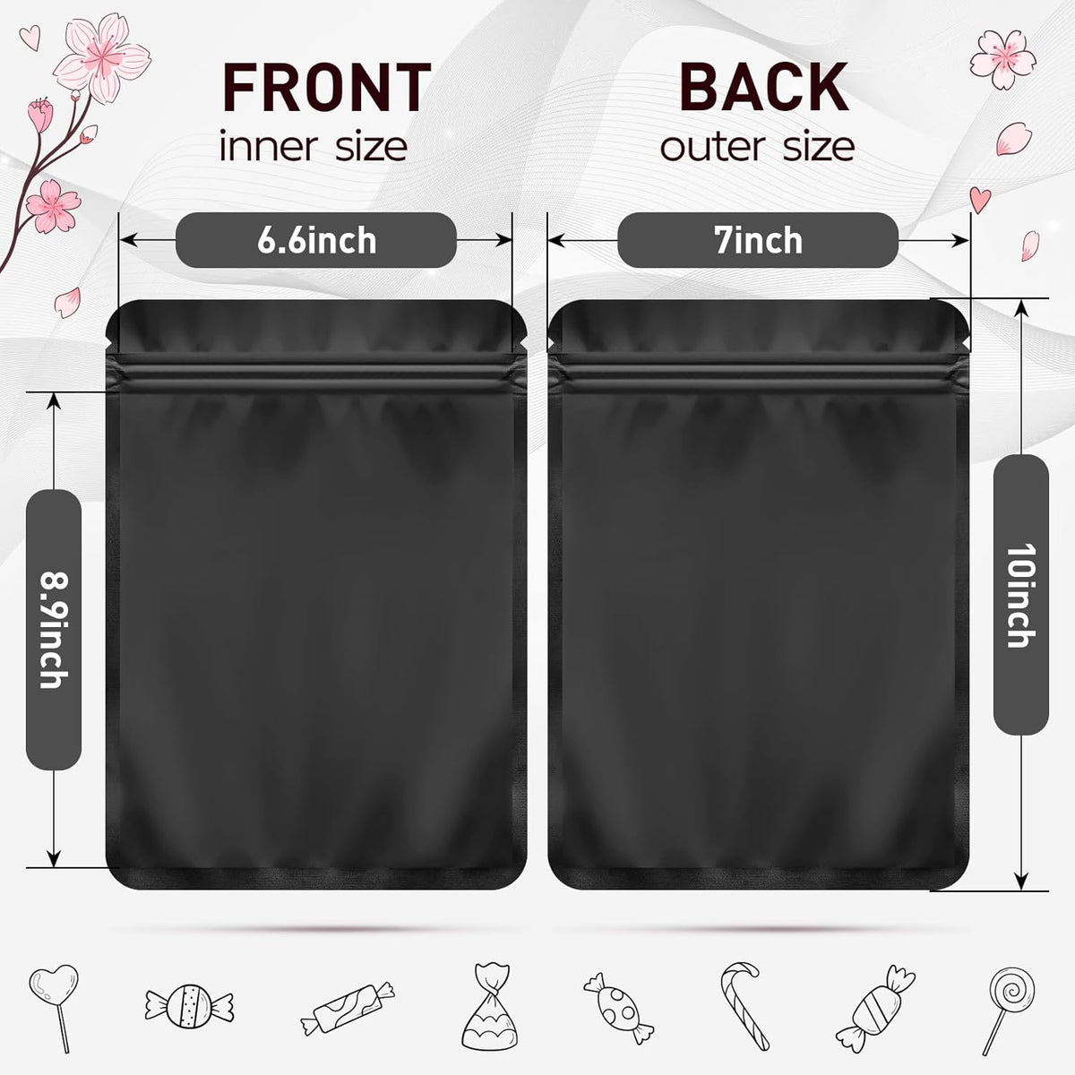 Funfery 100 Pack Black Mylar Packaging Bags Resealable Bags Double Sided Color Odor Proof Pouch Baggies Smell Proof Foil Bag for Food Storage,Small Business(Black,7x10inch)