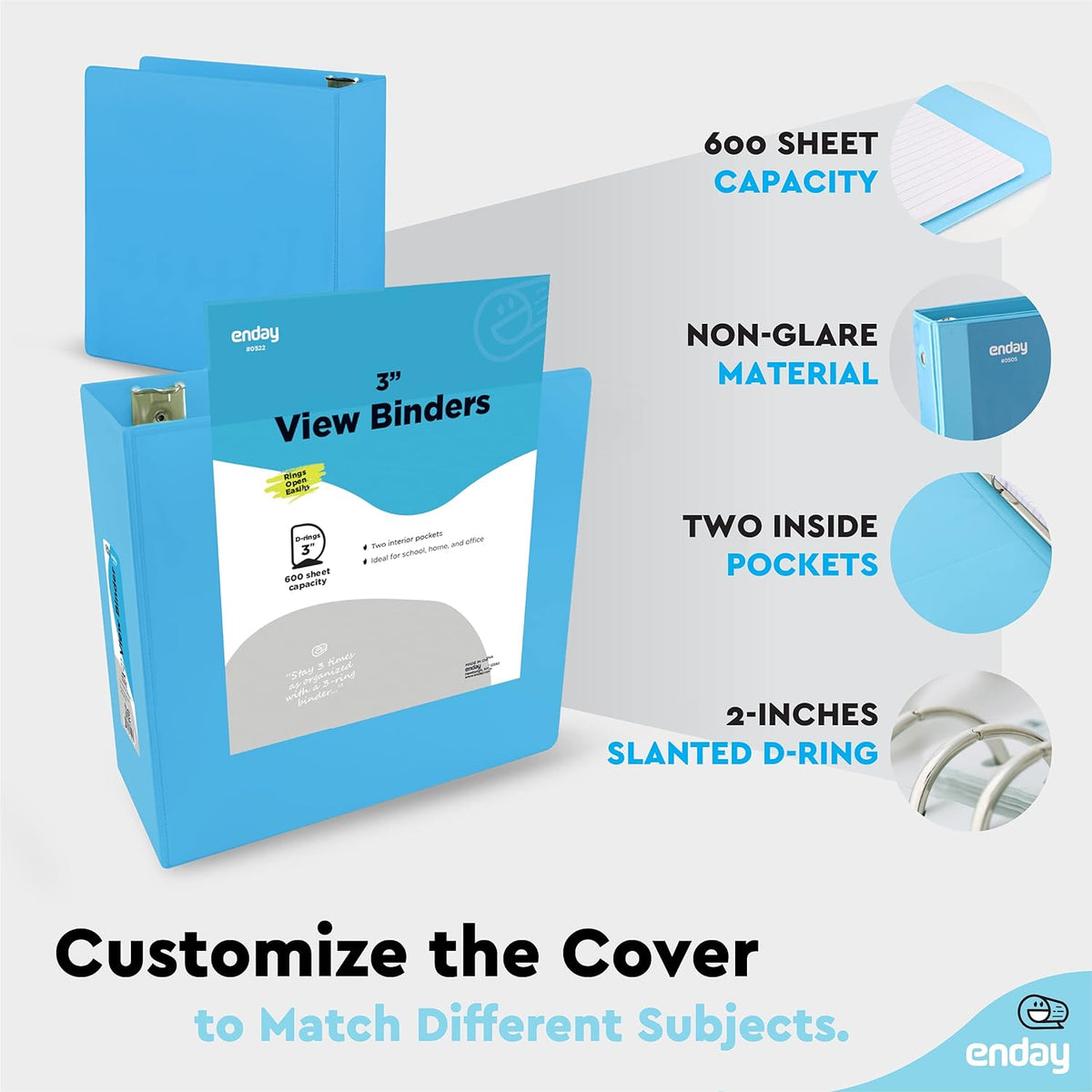 3 Slant D-Ring Binder 3 Inch Blue, 3 in Clear View Cover with 2 Inside Pockets Binder, Heavy Duty Colored School Supplies Binders,Also Available in Green, Grey, Purple, Red, Pink (6 PC) – by Enday