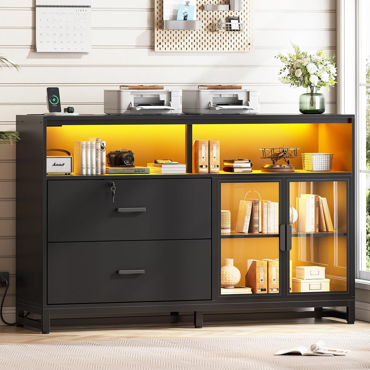 SEDETA 59" File Cabinet, 2 Drawers Filing Cabinets for Home Office fit Legal/Letter/A4 File, File Cabinet with Lock & Power Outlets, Printer Stand with Storage & LED Lights, Black