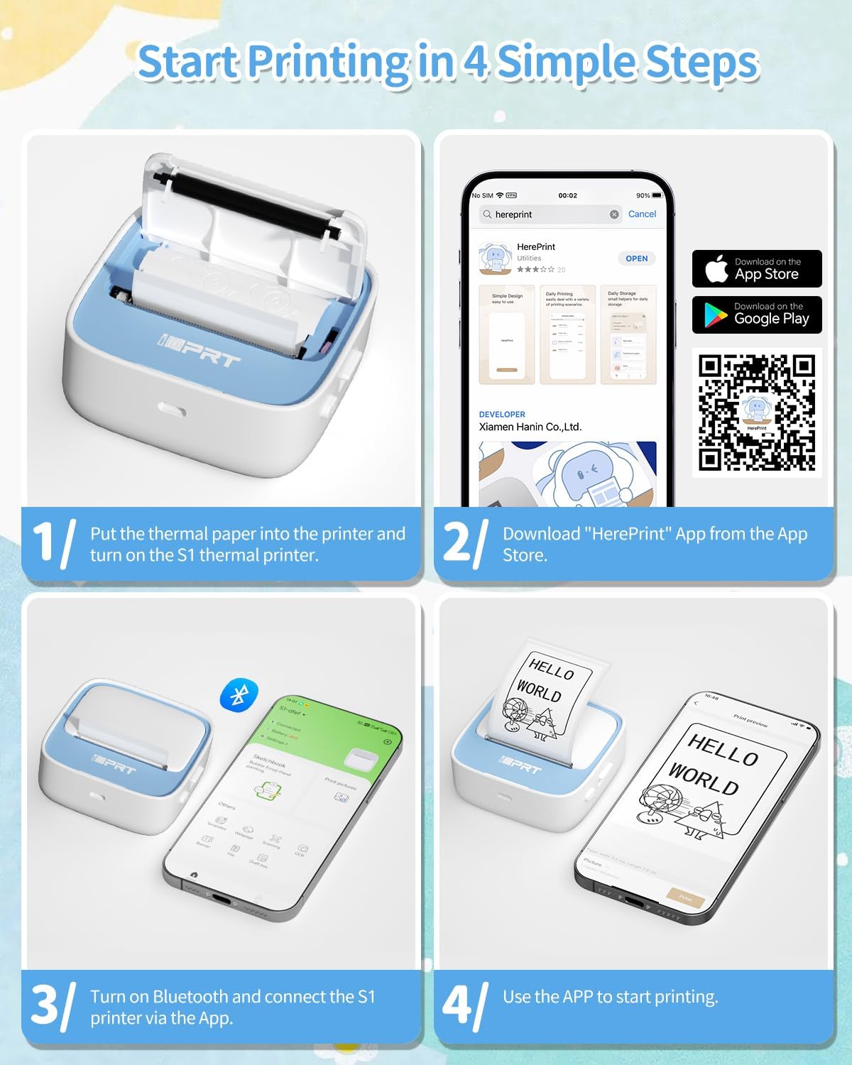 iDPRT Sticker Maker, Portable Thermal Printer with 1 Roll Sticker Paper, Bluetooth Inkless Printer Mini Label Maker for Study, DIY, Notes, Mini Label Maker with Multiple Template in Free App (Blue)