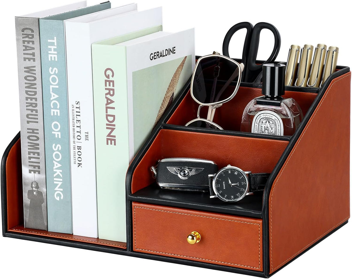 KINGFOM PU Leather Desk Organizer, Multifunction 6 Compartment Desk Organizers and Accessories for Office Supplies, Pen Pencil Holder/Book Mail Organizer Holder for Desk with Drawer (Brown)