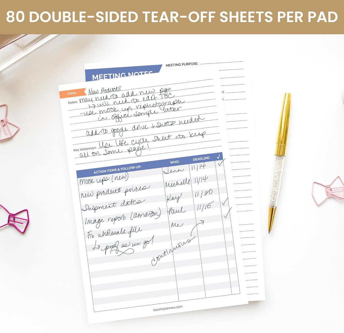 bloom daily planners 6" x 9" Double Sided Meeting Notes Planning Pad for Work Organization - Topics, Takeaways, Action Items & Follow-Ups - Undated Meeting Agenda Notepad