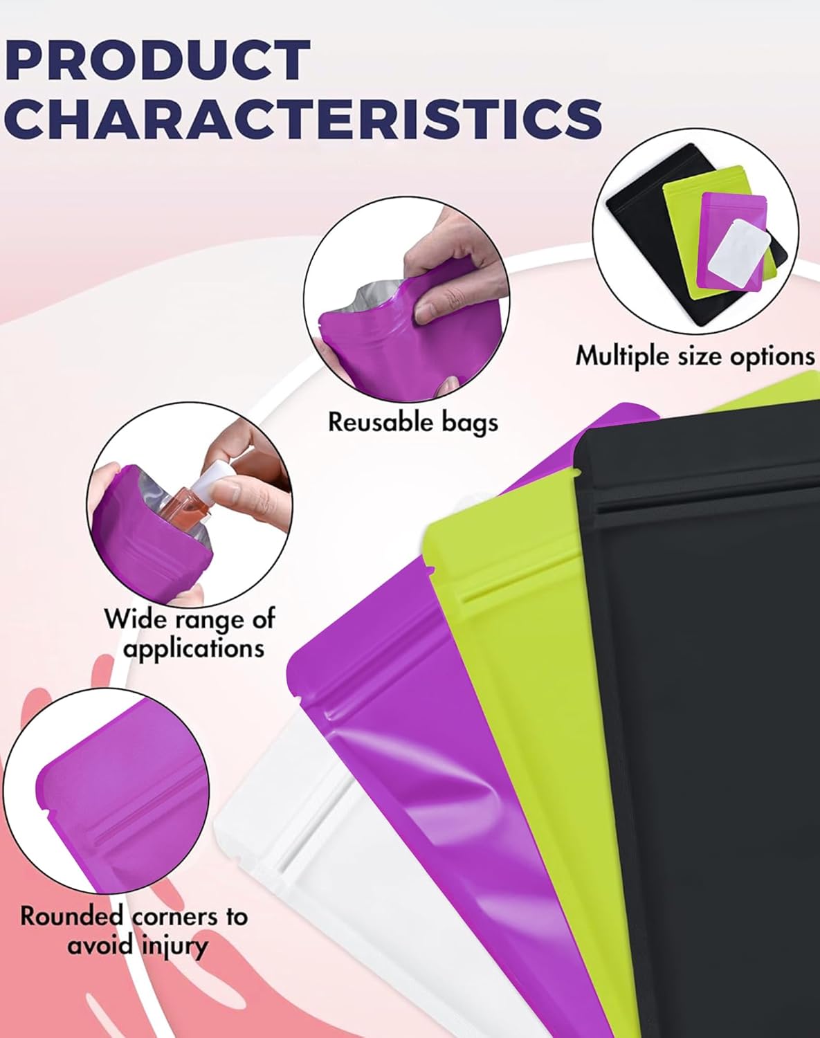 FireKylin 100 Pack Resealable Packaging Bags for Small Business Double-Sided Color Smell Proof Bags for Food Storage Flat Bag (Purple, 4.7" x 7.1")