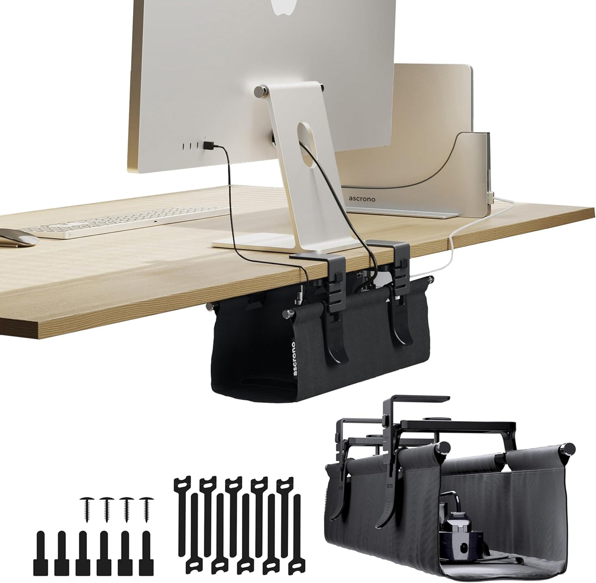 Original No Drill Under Desk Cable Management Tray 14.1" - Premium Black Fabric Cable Management Under Desk - Clamp/Screw Mount Cord Organizer - Supports Upto 66lbs