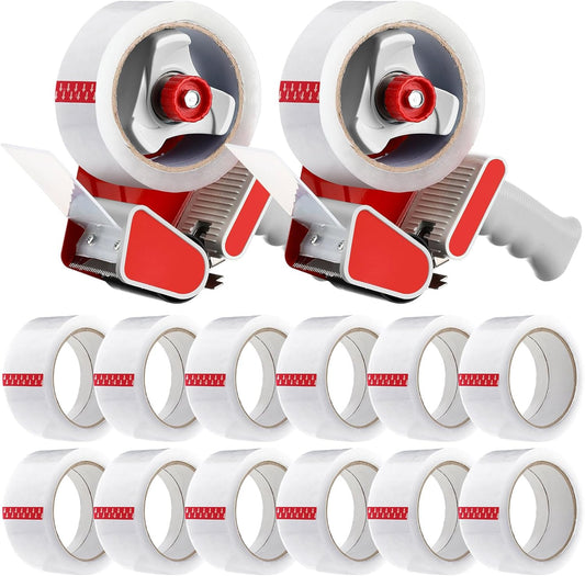 2 Pack Packing Tape Dispenser Gun with 12 Roll 2 Inch Packing Tape Gun 2.7 Mil Heavy Duty for Storing, Shipping, Moving, Carton and Box Sealing