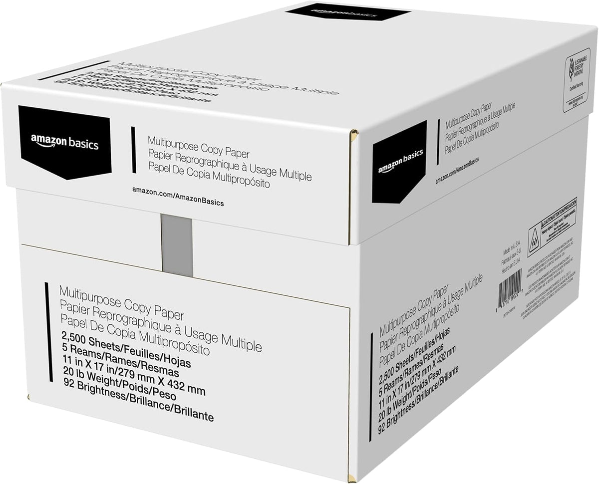 Amazon Basics Multipurpose Copy Printer Paper, 20 lb, 11 x 17 Inches, 5 Reams (2,500 Sheets), 92 Bright, White