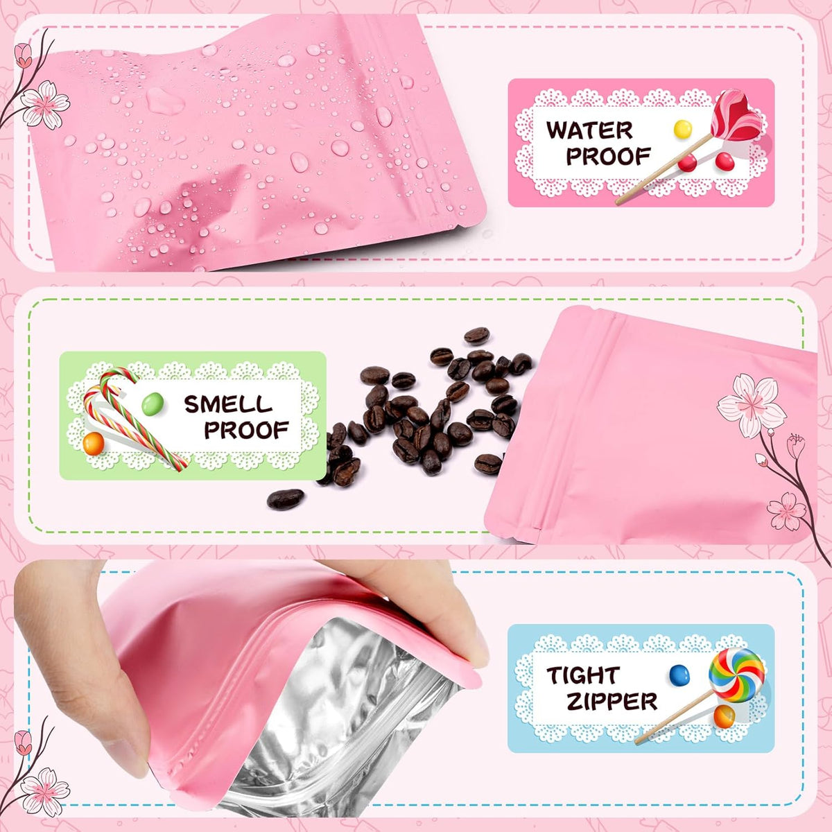 Funfery 100 Pack Pink Mylar Packaging Bags Resealable Bags Double Sided Color Odor Proof Pouch Baggies Smell Proof Foil Bag for Food Storage,Small Business(Pink,6.3x9.4inch)