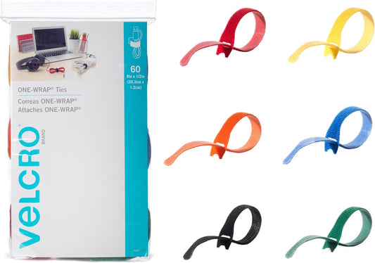 VELCRO Brand ONE-WRAP Cable Ties | 60Pk | 8 x 1/2" Straps, Multicolor | Strong Reusable Wire Management | Cord Bundling for Home Office and Data Centers