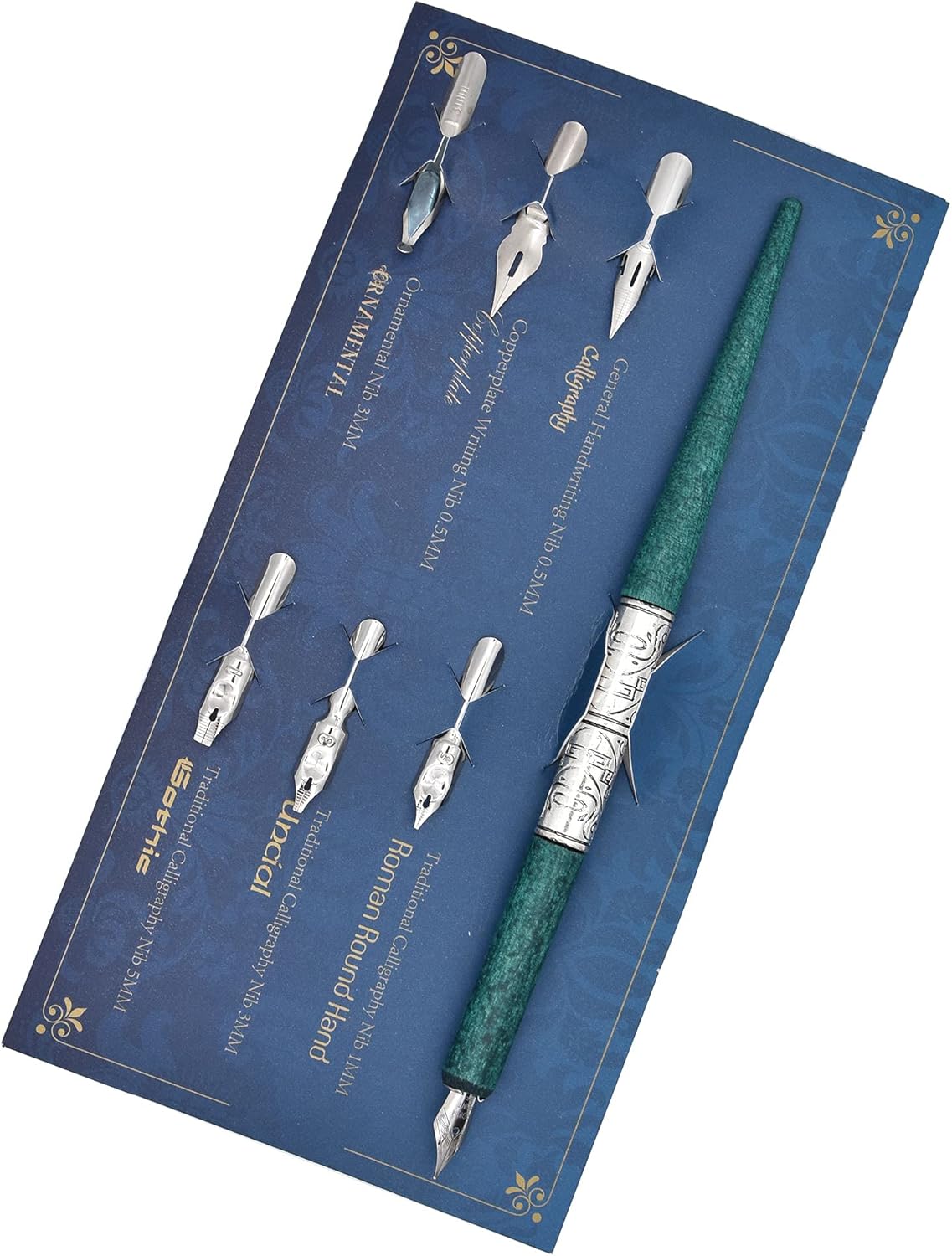 Gullor Wooden Dip Pen Calligraphy Set with Black Ink & 6 Nibs for Beginners, Kids, Writing, Signatures and Drawing, Ancient Silver