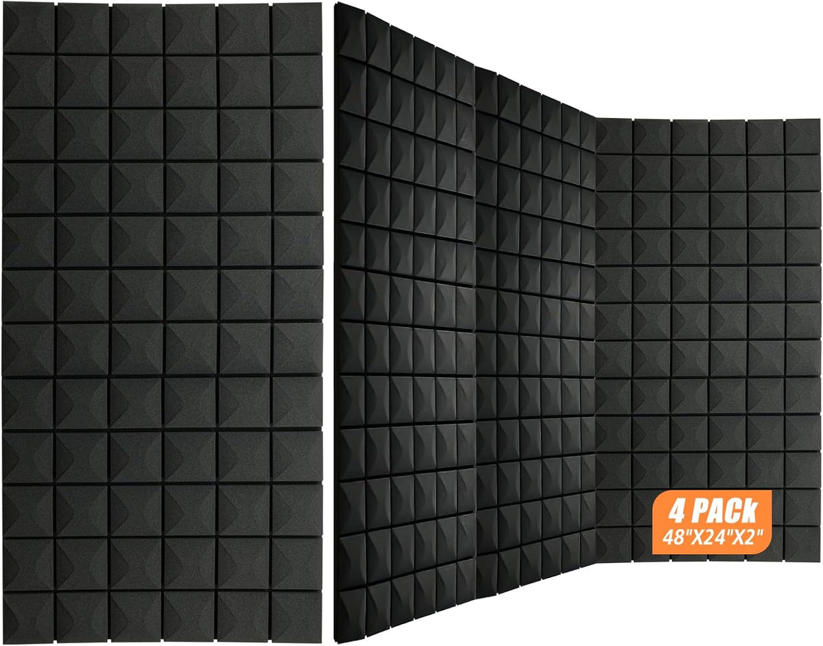 4 Pack Acoustic Panels 48"x24"x2" Sound Proof Foam Panels, High Density and Fire Resistant Sound Panels, Studio Foam for Wall and Ceiling - Home Studio, Office (4 Pack Black, 48X24X2 Inch)