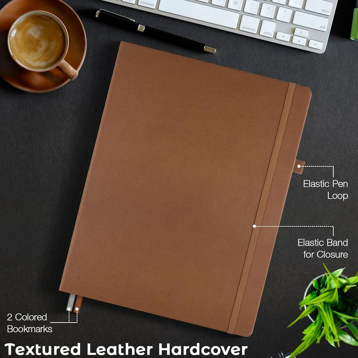 College Ruled Notebook, A4 Hardcover Leather Notebook for Work, Lined Notebook Journal for Women, Men, 192 Thick Paper, 8.5" x 11", Large Notebook with Pockets, Professional Business Notebook, Brown